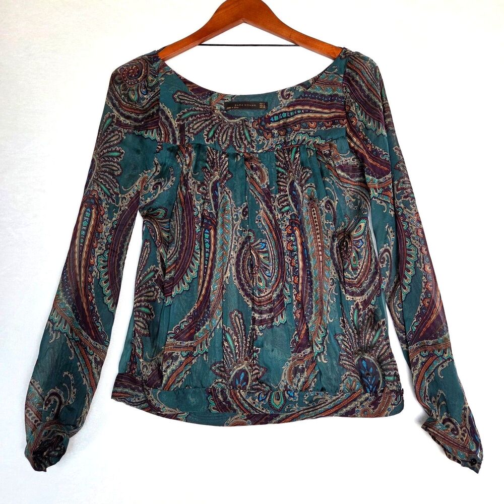 Zara Y2K Womens M 100% Silk Sheer Festival Boho Paisley Jewel Tone Peasant Top